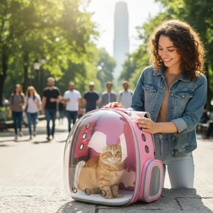 Mochila burbuja rosada para gatos y perros