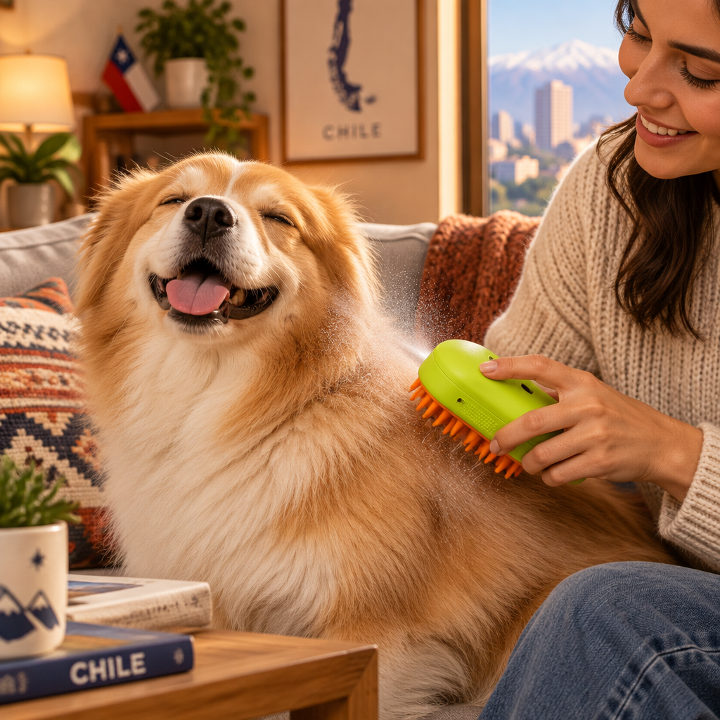 Persona usando cepillo a vapor recargable en perro feliz en casa